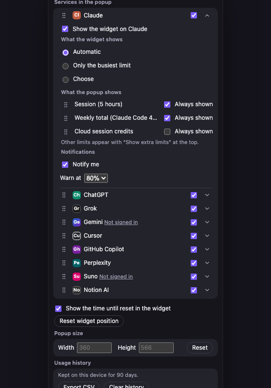 The settings of one service in dark mode, with the widget options, the limits the popup shows and the notification switch with the percentage to warn at.
