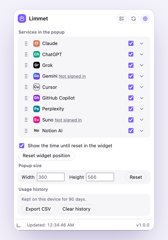 The Limmet settings: the list of services with switches to show or hide each one, and the popup size.
