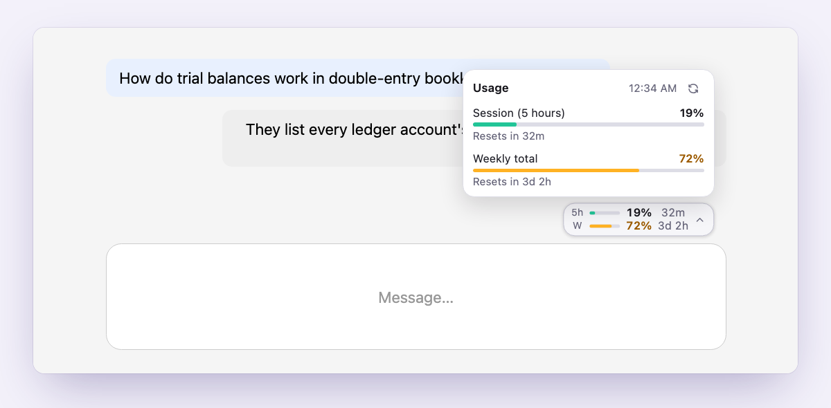 The Limmet widget on a chat page: a small pill above the message box, opened into a panel with the session and weekly limits and the time until they reset.